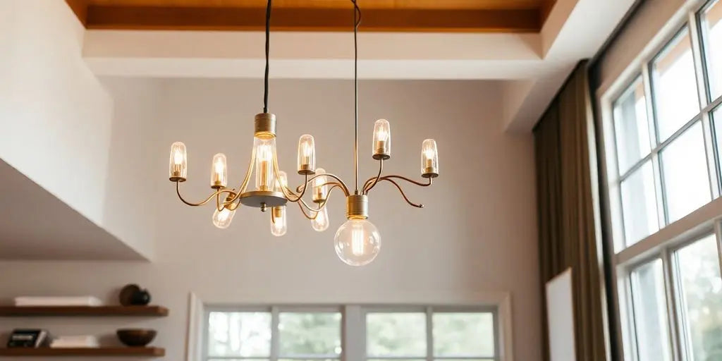 Elegant mid-century chandelier in a modern living room.