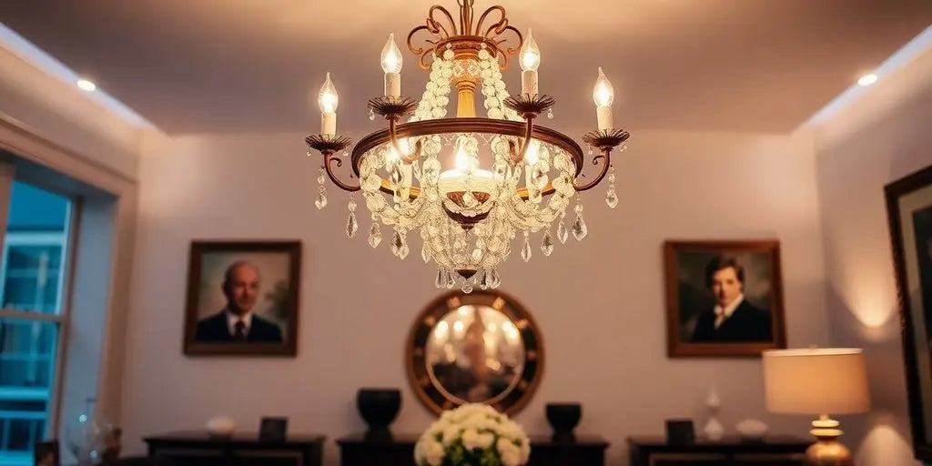 Elegant chandelier illuminating a stylishly decorated room.