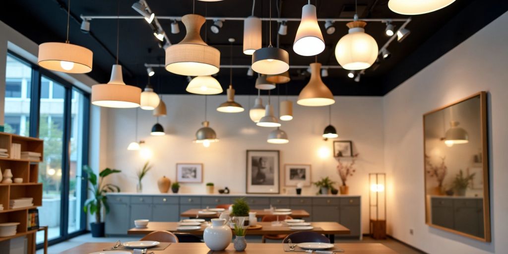 Modern lighting fixtures in a stylish showroom display.