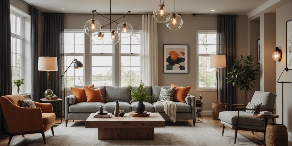 Modern light fittings in a cozy living room