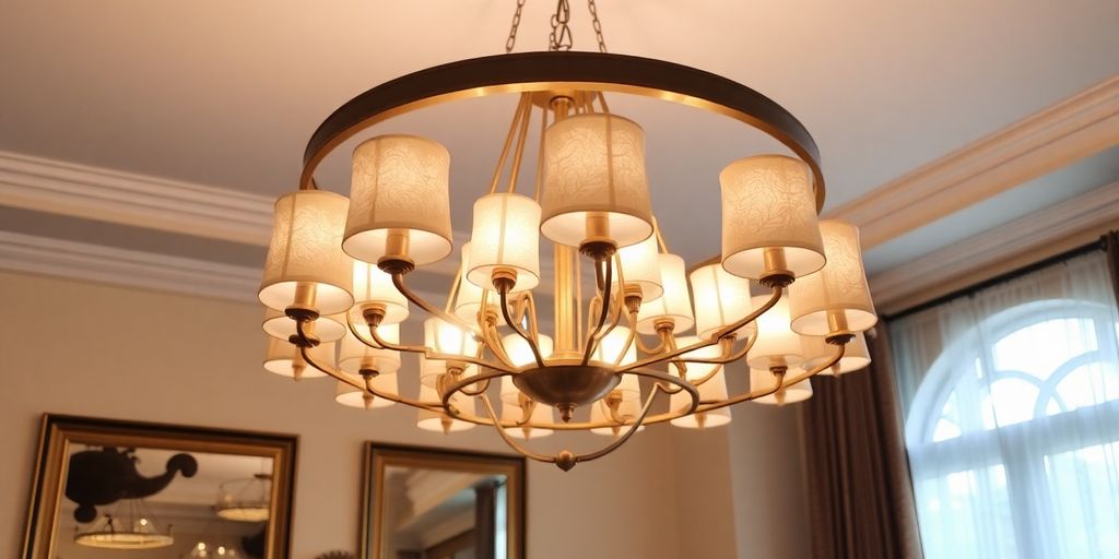 Elegant ring chandelier with shades in a stylish room.