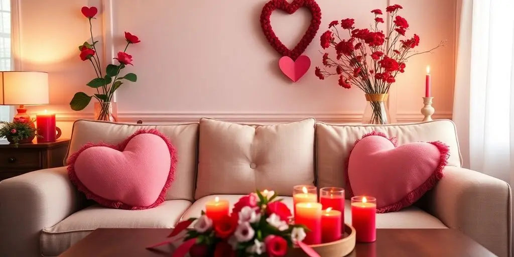 Cozy living room decorated for Valentine's Day.