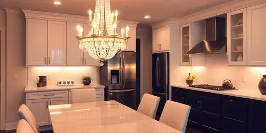 Modern kitchen with elegant chandelier and stylish decor.