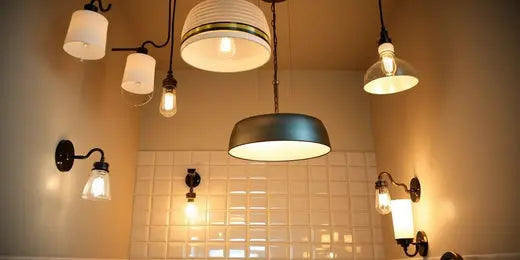 Stylish bathroom with various elegant light fixtures.