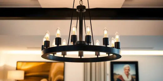 Elegant black contemporary chandelier in modern interior.