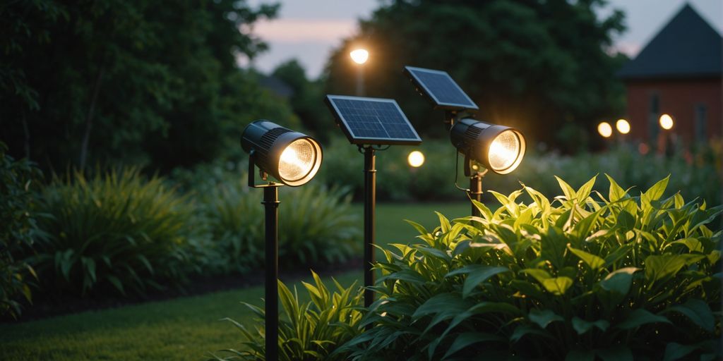 Solar garden spotlights in a green garden at dusk.