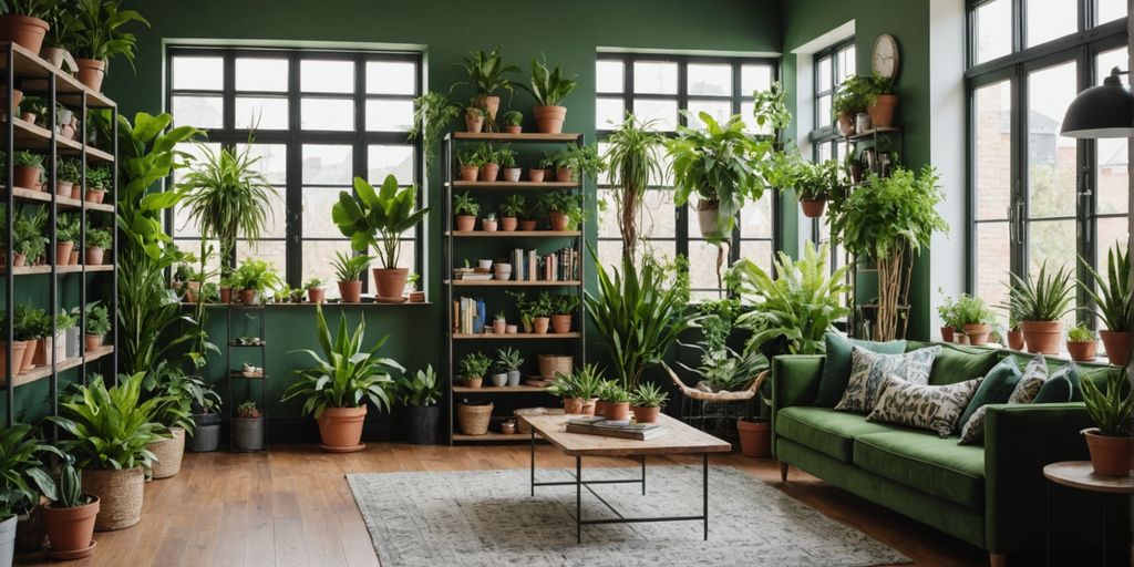 Living room with various indoor plants