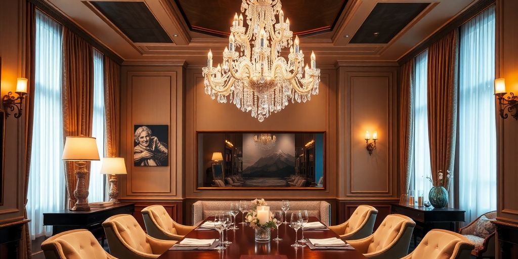 Elegant dining room with a sparkling crystal chandelier.