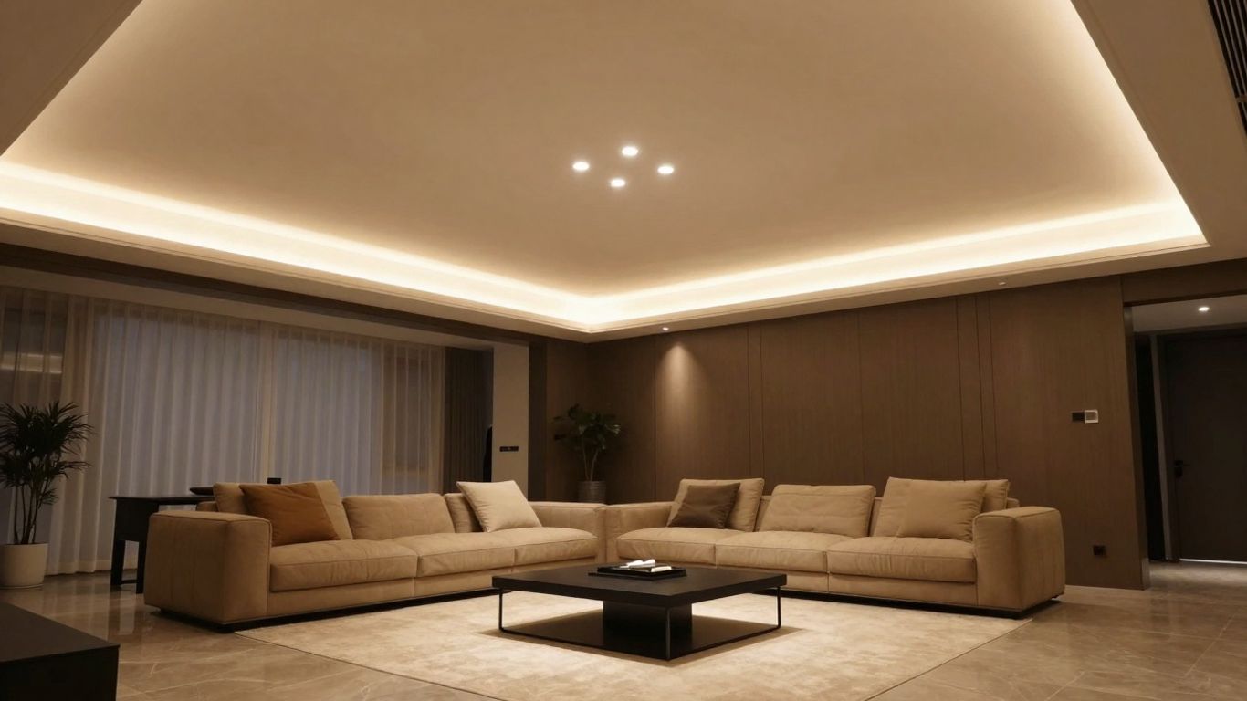 Smart lights illuminating a low-ceiling living room.