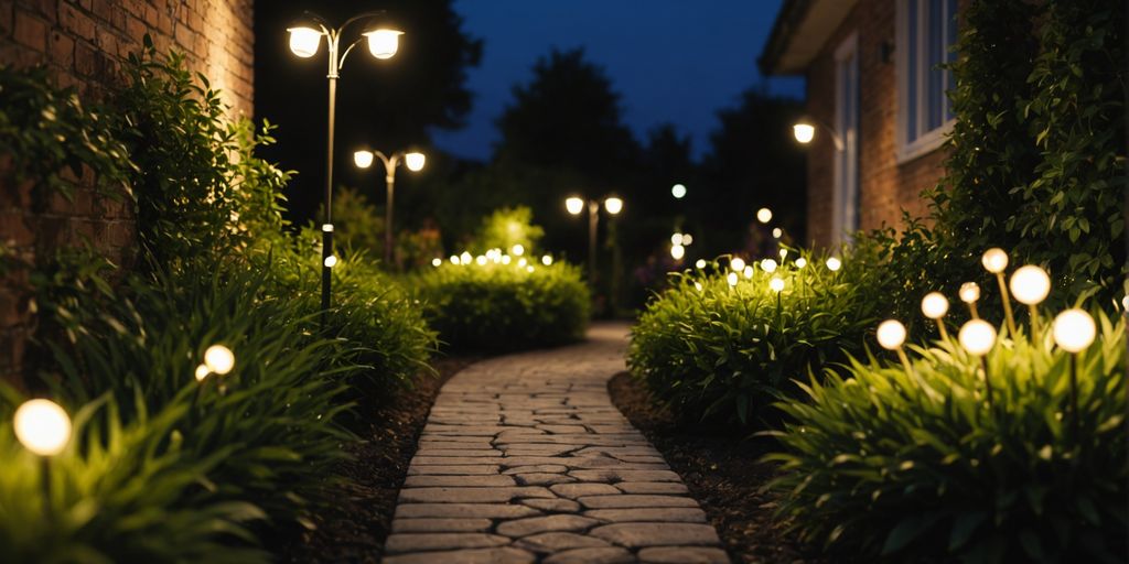 Garden with stylish outdoor wall lights at night