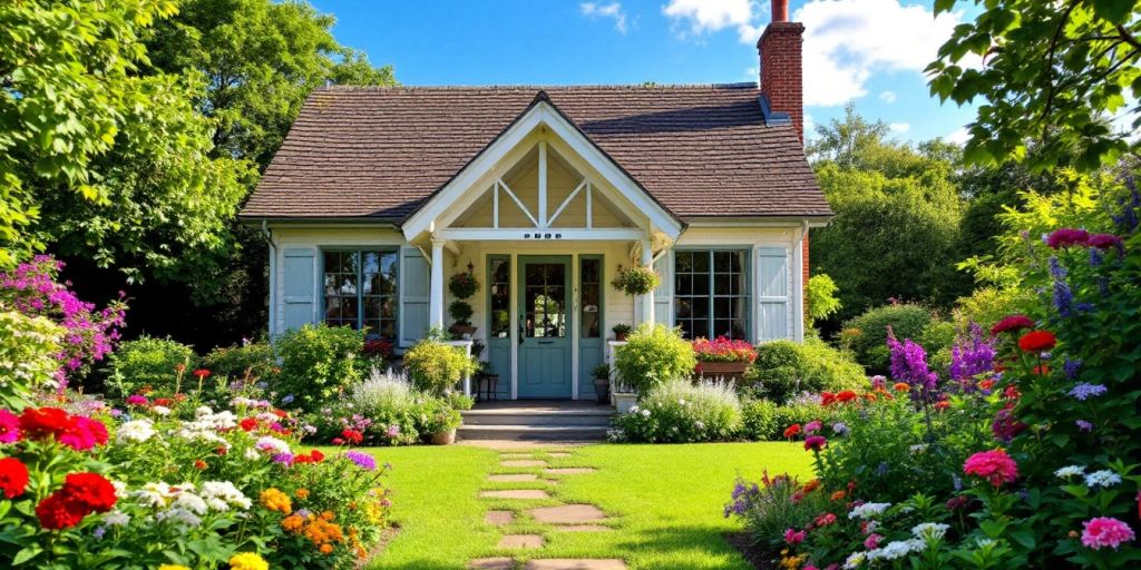 Charming garden house with lush greenery and flowers.