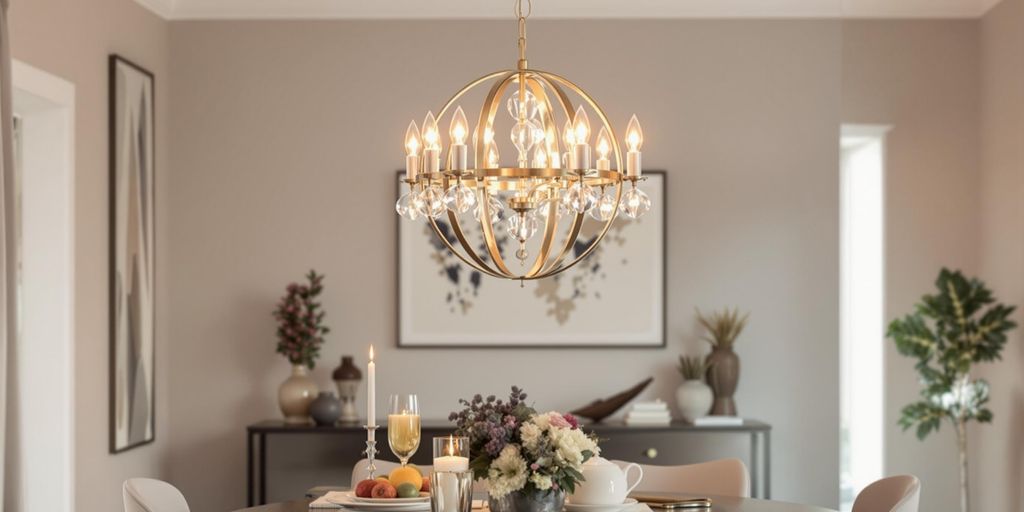 Elegant simple chandelier above a dining table in a dining room.