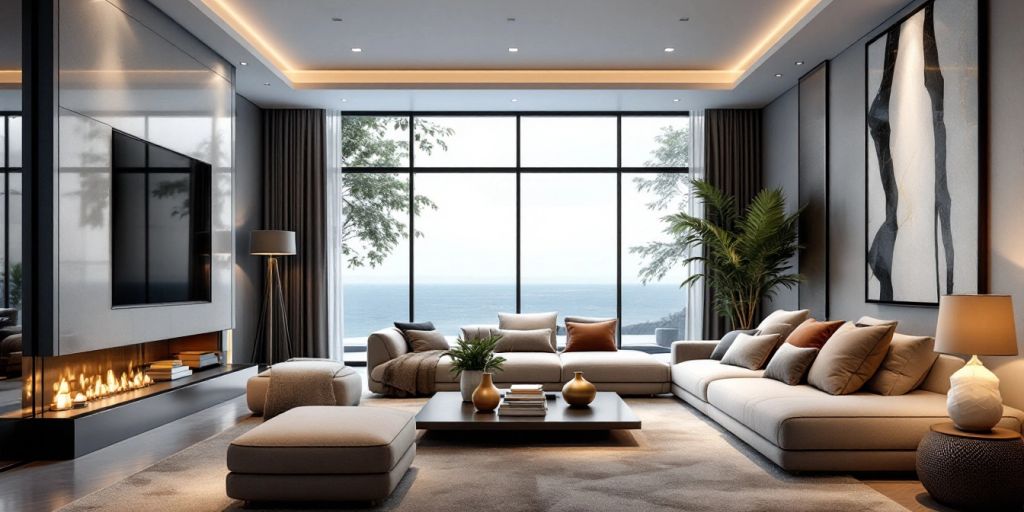 Modern luxury living room with elegant furniture and decor.