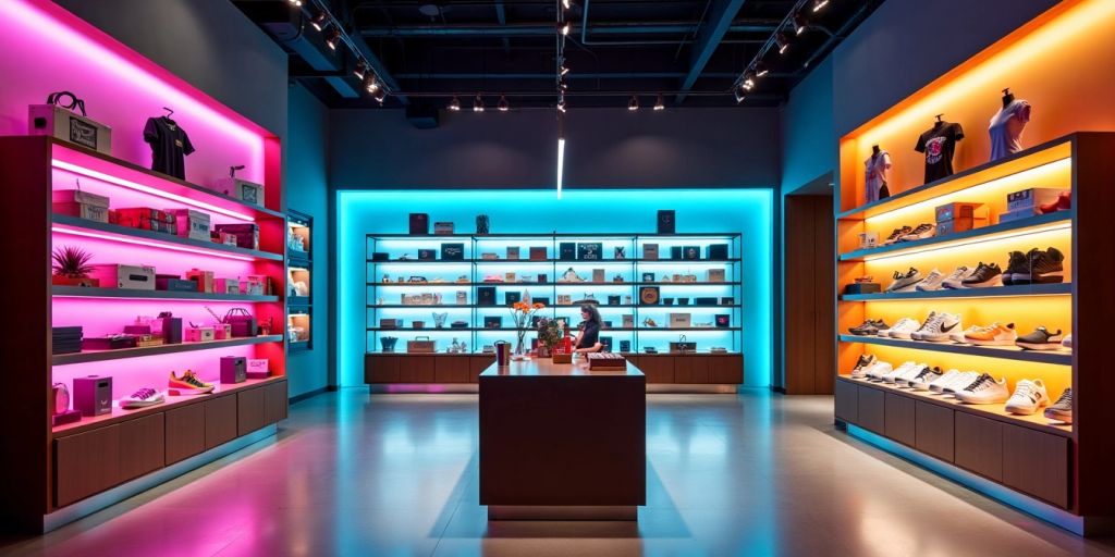 Bright LED lights illuminating a modern shop interior.