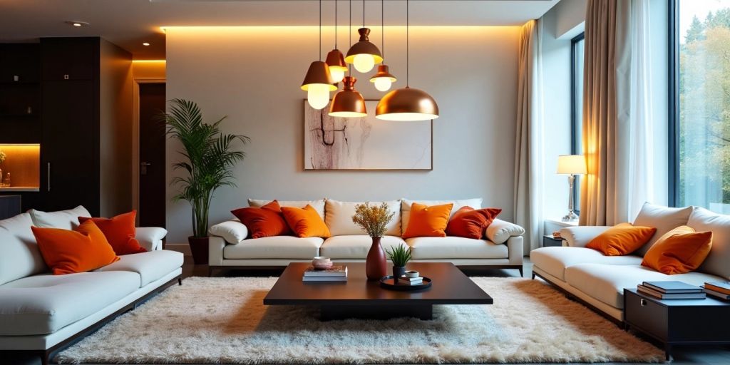 Modern living room with stylish pendant lights and decor.