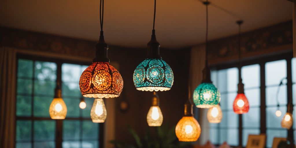 Boho pendant lights in various designs and colors.