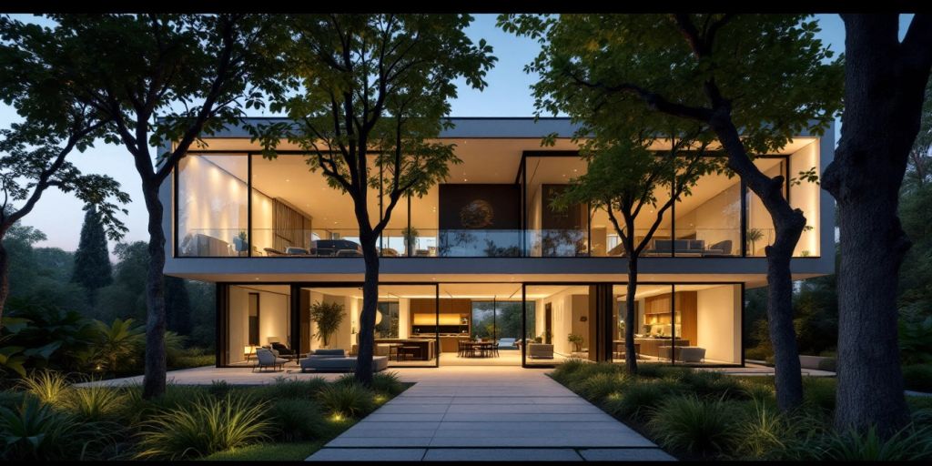 Modern home with glass windows and beautiful landscaping.