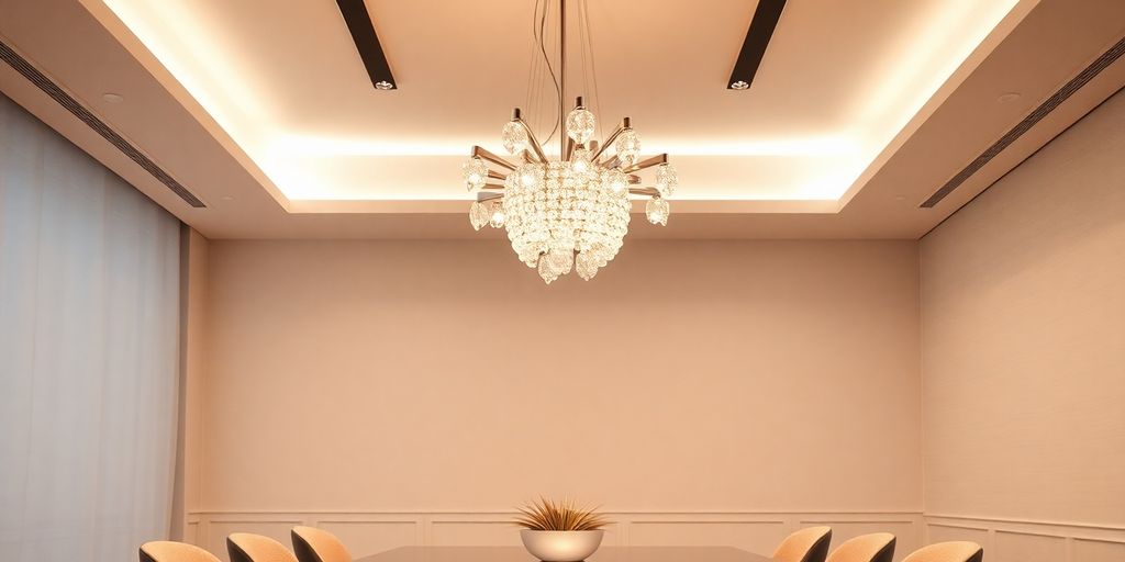 Chic modern dining room featuring a radiant, sleek chandelier display.