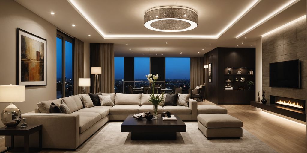 Modern living room with stylish ceiling lights.