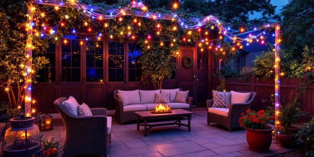 Warm outdoor string lights glowing in a lush garden.