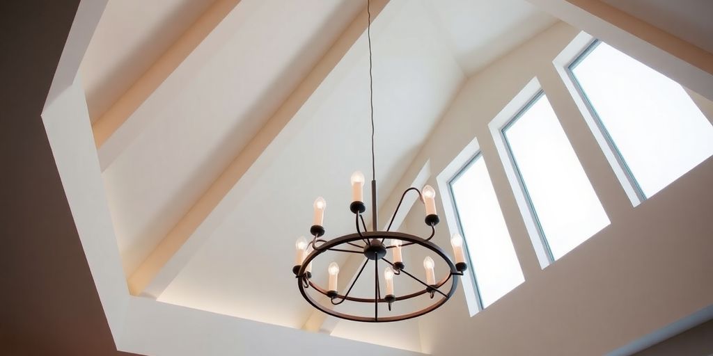 Modern chandelier in a vaulted ceiling interior.