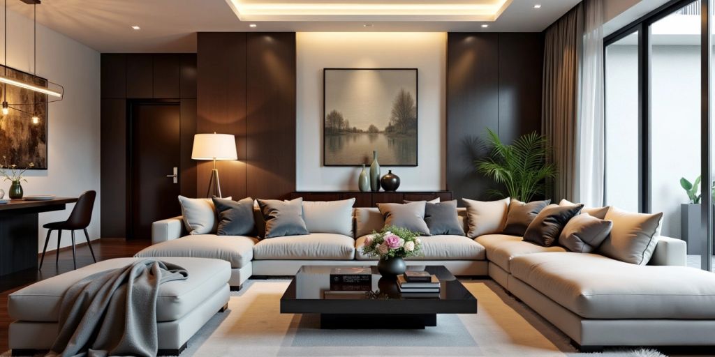 Modern living room with stylish light fixtures and furniture.