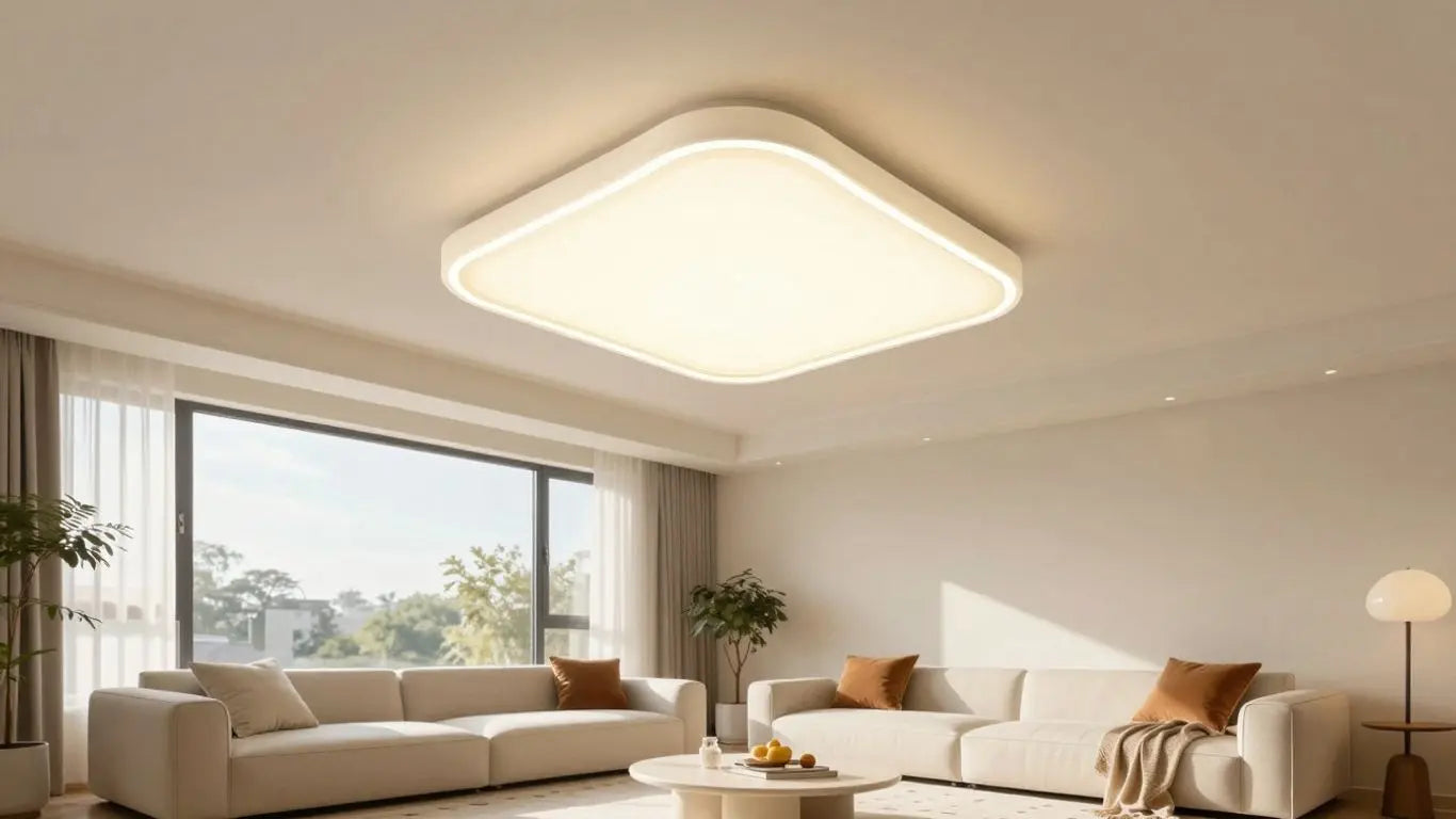 Modern ceiling light fixture in a bright living room.