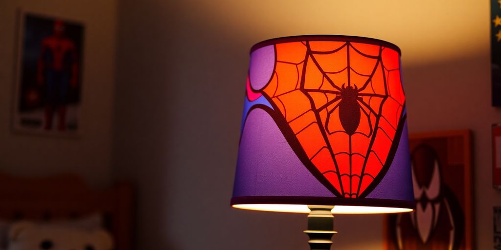 Spider Man lamp shade in a cozy room setting.