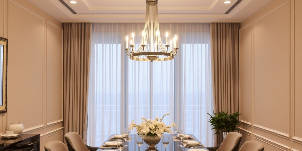 Modern chandelier above dining table