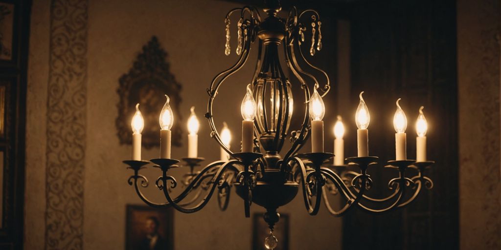 Vintage room with restored wrought iron chandelier and glowing lights