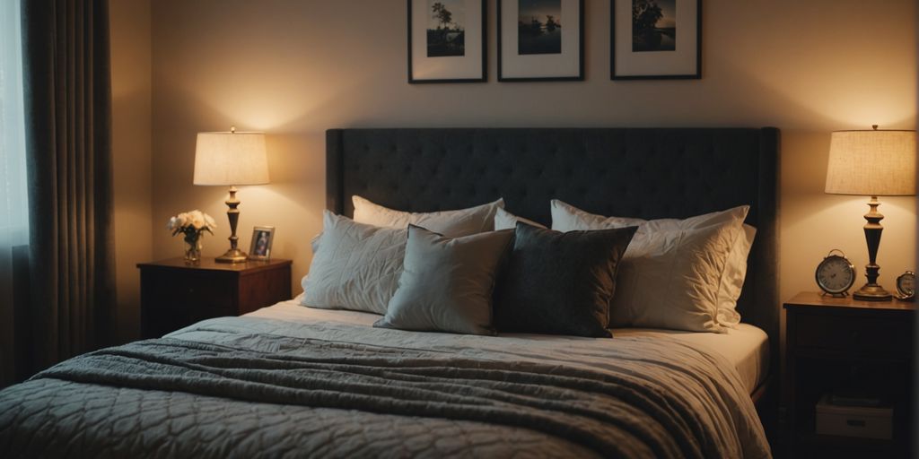 Bedroom with warm lighting creating a calming atmosphere.