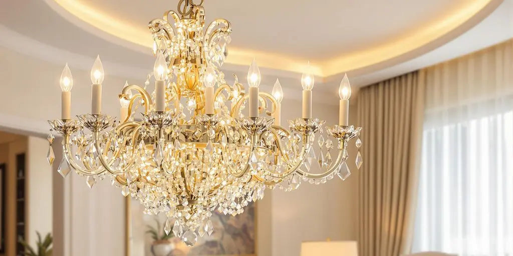 Elegant chandelier in a beautifully decorated living room.