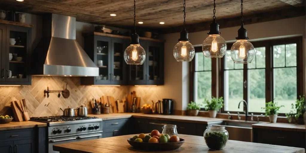 Farmhouse pendant lights illuminating a cozy kitchen island.