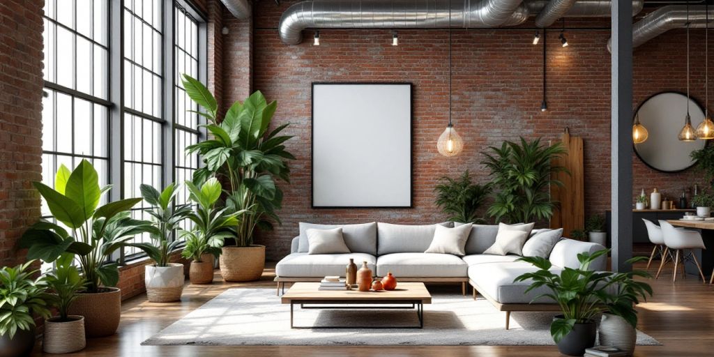 Modern industrial home interior with sleek furniture and plants.