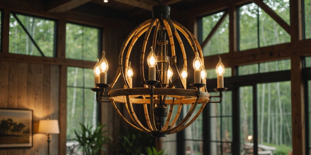 Modern farmhouse bamboo chandelier in stylish rustic interior decor.