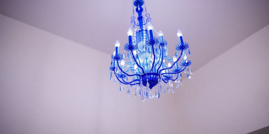 Elegant blue chandelier with crystals illuminating the room.