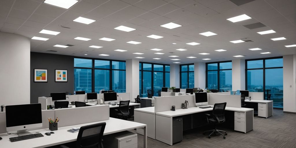 Modern office with various commercial lighting fixtures