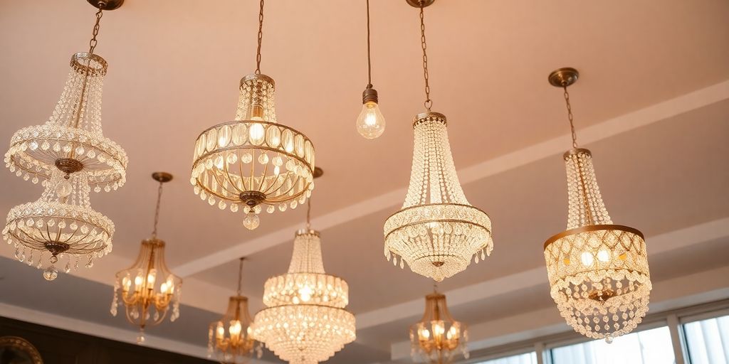 Elegant chandeliers hanging in a stylish interior setting.