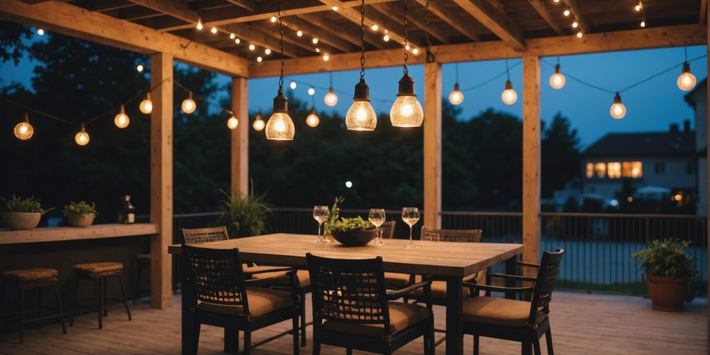 Stylish pendant lights illuminating an outdoor patio at dusk