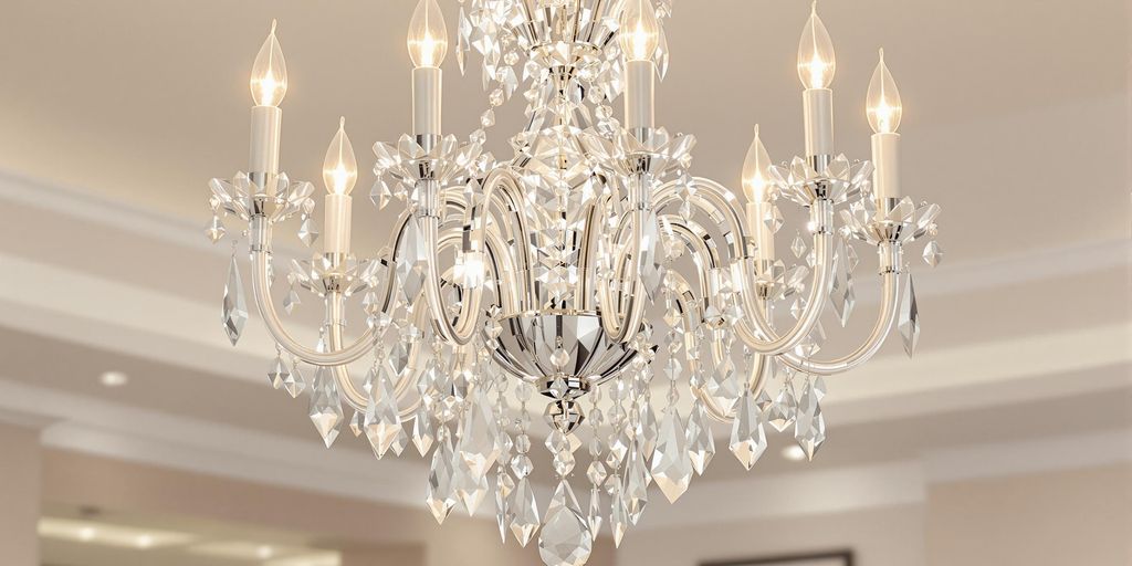 Modern chandelier with elegant crystals in a stylish room.