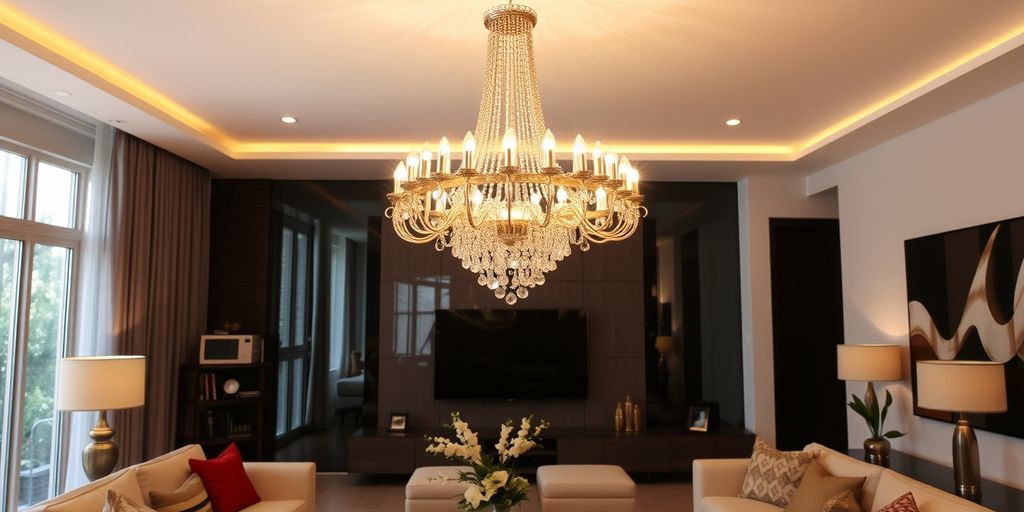 Modern living room with stylish chandelier