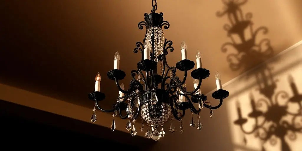 Elegant dark chandelier casting soft light in a room.