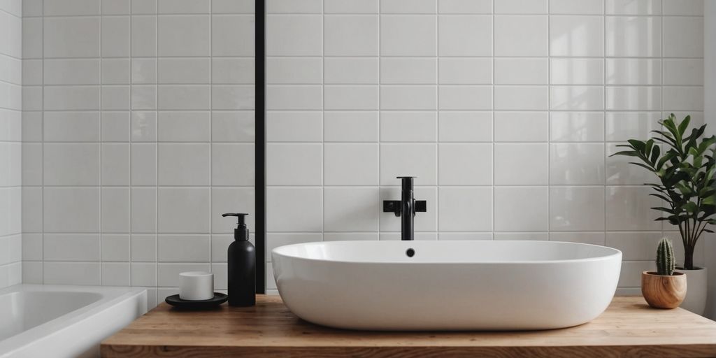 Clean minimalist bathroom with white tiles and wood accents.