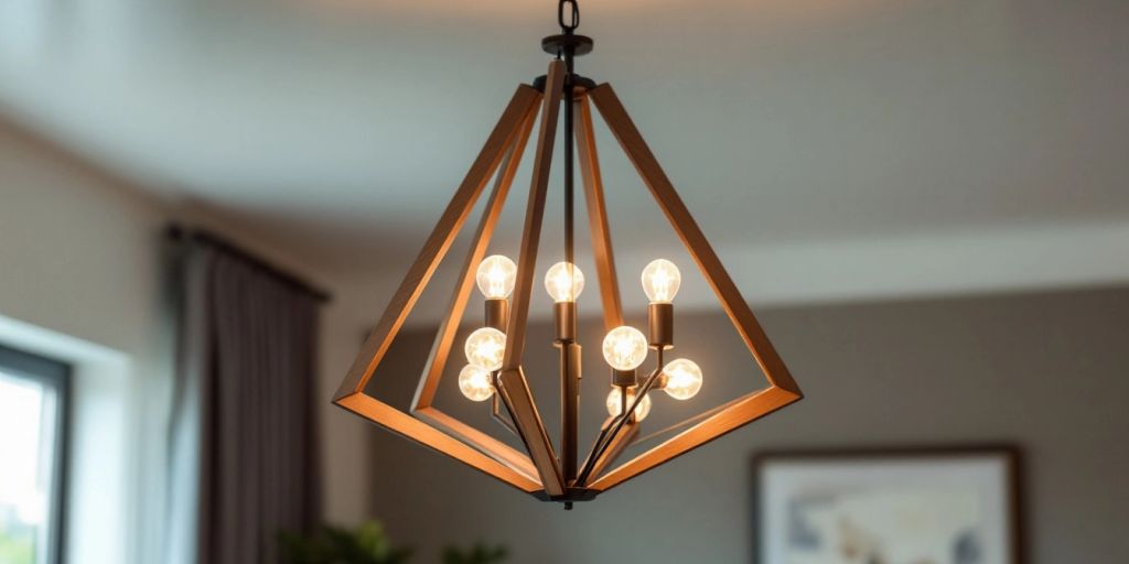 Mid-century modern chandelier with warm light and geometric design.