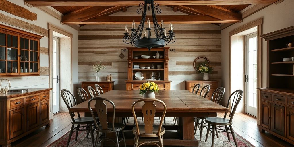 Rustic dining room with wooden table and iron chandelier