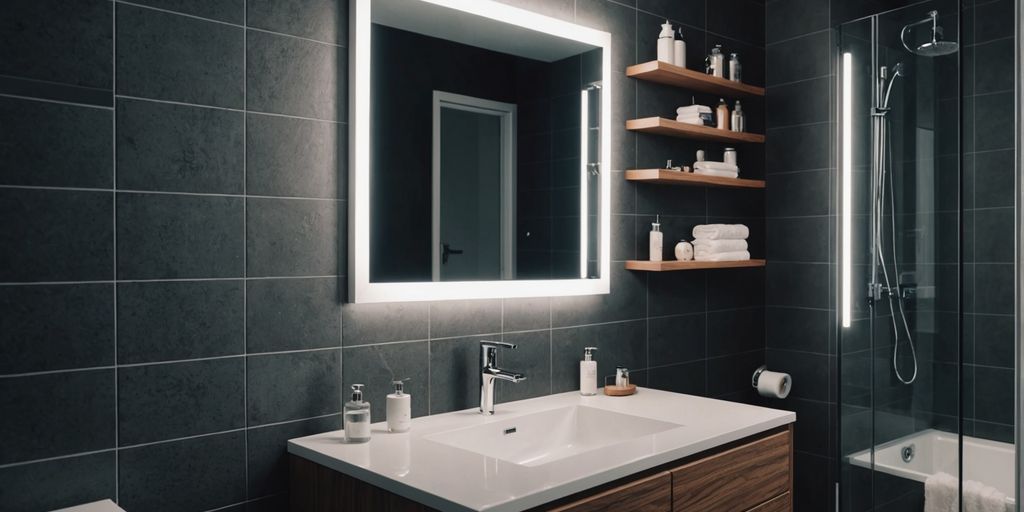 Small bathroom with efficient storage and bright lighting