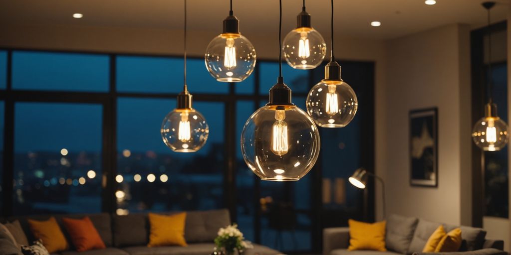 Elegant glass pendant lights in a contemporary living space.