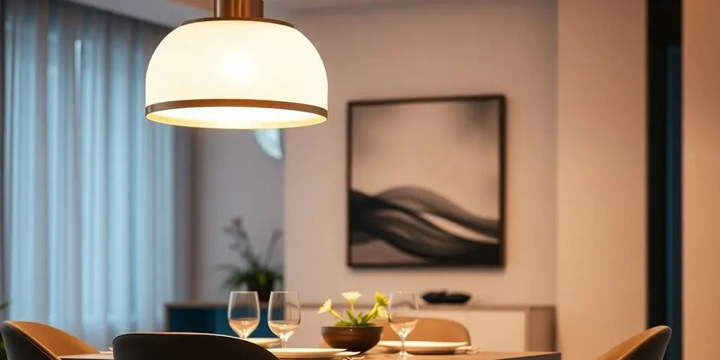 Modern pendant light above a stylish dining table.