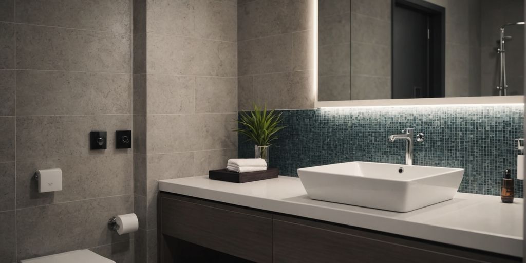 Bathroom showcasing contemporary tiles and sleek design elements