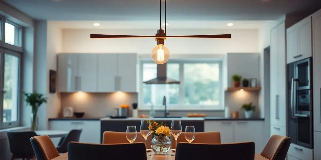 Modern light fixture above a contemporary kitchen table.